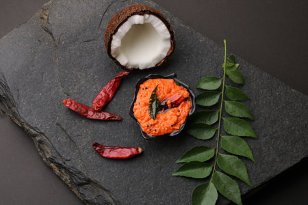 bowl of indian red chutney, coconut chutney.の写真素材