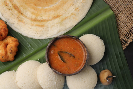 Group of South Indian food like Masala Dosa, Idli, Wada or vada, sambar, served over banana leaf with colourful coconut chutneysの写真素材