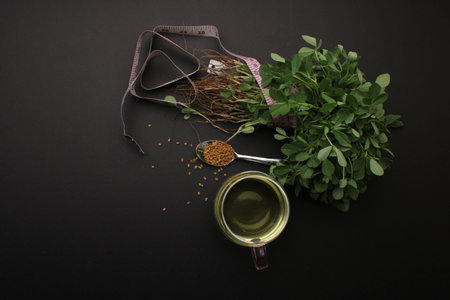 Close up of Fenugreek with its seeds and powder and the extracted water. It helps in numerous digestive problems etc.の写真素材