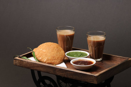 Indian snakes food kachouri or kachoudi kachori served with masala or cutting chai tamarind and mint chutneyの写真素材