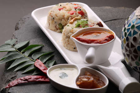 upma Ven Pongal with Sambar, coconut Chutney popular Indian breakfast food Tamil Nadu festival...