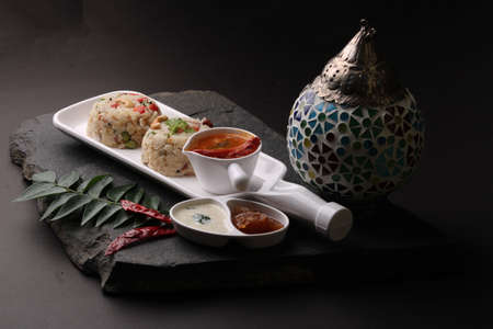upma Ven Pongal with Sambar, coconut Chutney popular Indian breakfast food Tamil Nadu festival Pongal made with Rava or semolinaの写真素材