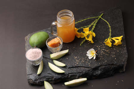 Raw Mango juice - Aam Panna or Panha in a transparent glass with whole green fruit,の写真素材