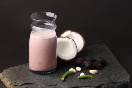 Solkadhi OR Kokum curry, A famous drink from Goa or Maharashtra`s Konkan region, served in a glass.の写真素材