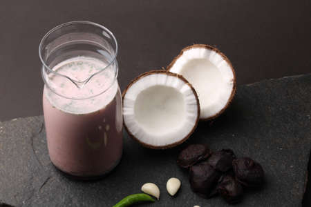 Solkadhi OR Kokum curry, A famous drink from Goa or Maharashtra`s Konkan region, served in a glass.の写真素材