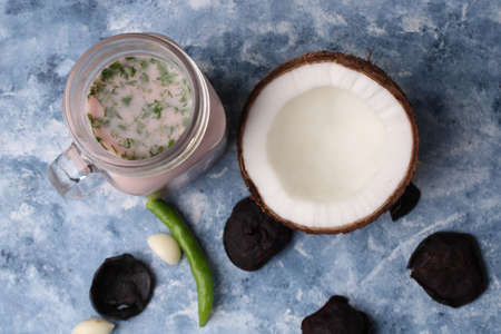 Solkadhi OR Kokum curry, A famous drink from Goa or Maharashtra`s Konkan region, served in a glass.の写真素材