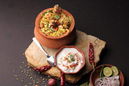 Spicy chicken biryani in traditional handi or clay pot. served with onion raitaの写真素材