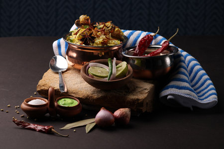 chicken dum biriyani served in copper handi or bowl with onion raita.の写真素材