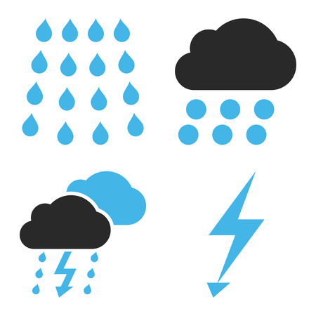 Thunderstorm vector icons. Style is bicolor blue and gray flat symbols on a white background.のイラスト素材