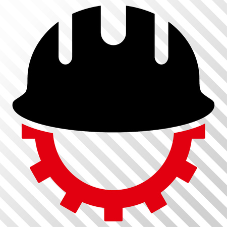 Development Hardhat vector icon. Image style is a flat intensive red and black icon symbol on a hatch diagonal transparent background.のイラスト素材
