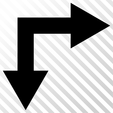 Bifurcation Arrow Right Down vector icon. Image style is a flat black iconic symbol on a hatch diagonal transparent background.のイラスト素材