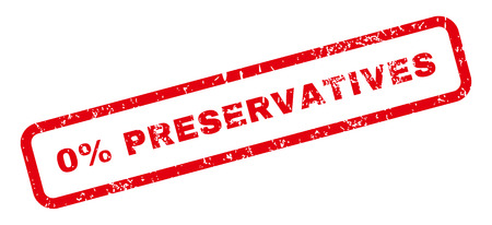0 Percent Preservatives Text rubber seal stamp watermark. Tag inside rectangular banner with grunge design and unclean texture. Slanted vector red ink sticker on a white background.のイラスト素材