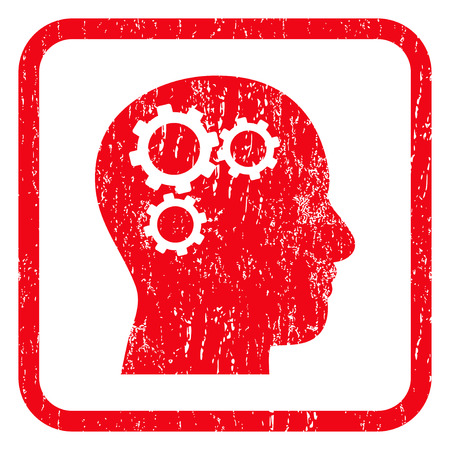 Brain Gears rubber seal stamp watermark. Icon symbol inside rounded rectangular frame with grunge design and dust texture. Unclean vector red ink sign on a white background.のイラスト素材