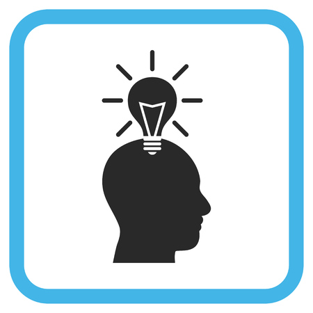 Genius Bulb blue and gray glyph icon. Image style is a flat pictograph symbol inside a rounded square frame on a white background.の写真素材