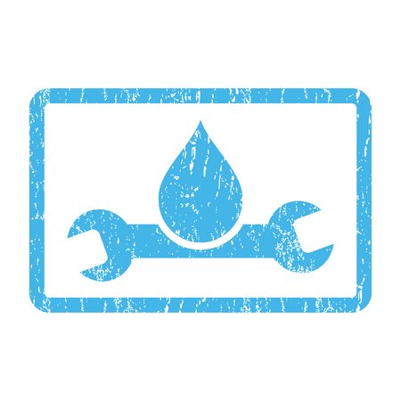 Plumbing rubber seal stamp watermark. Vector pictogram symbol inside rounded rectangular frame with grunge design and scratched texture. Scratched blue ink emblem print on a white background.のイラスト素材