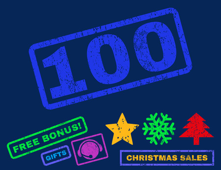 100 text rubber seal stamp watermark with additional bonus new year symbols. Tag inside rectangular banner with grunge design and unclean texture.のイラスト素材