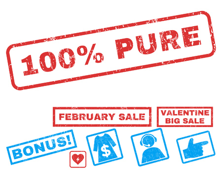 100 Percent Pure text rubber seal stamp watermark with Valentines sale bonus. Tags inside rectangular banner with grunge design and dirty texture. Vector emblems for trading on a white background.のイラスト素材