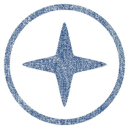 Sparkle Star textured icon for overlay watermark stamps. Blue jeans fabric rasterized texture. Rounded flat raster symbol with scratched design.の写真素材