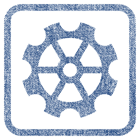 Gear vector textured icon for overlay watermark stamps. Blue jeans fabric vectorized texture. Symbol with unclean design inside rounded rectangular frame.のイラスト素材