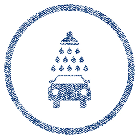 Car Shower vector textured icon for overlay watermark stamps. Blue jeans fabric vectorized texture. Symbol with dust design. Blue ink rubber seal stamp with fiber textile structure.のイラスト素材