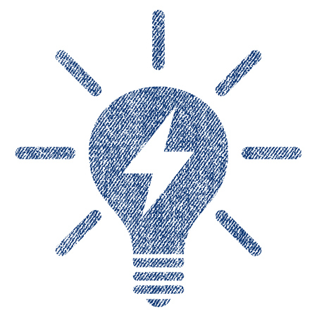Electric Light Bulb vector textured icon for overlay watermark stamps. Blue jeans fabric vectorized texture. Symbol with unclean design. Blue ink rubber seal stamp with fiber textile structure.のイラスト素材