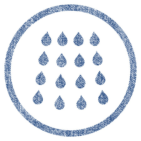 Drops vector textured icon for overlay watermark stamps. Blue jeans fabric vectorized texture. Symbol with scratched design. Blue ink rubber seal stamp with fiber textile structure.のイラスト素材