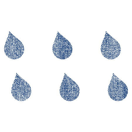 Drops vector textured icon for overlay watermark stamps. Blue jeans fabric vectorized texture. Symbol with dirty design. Blue ink rubber seal stamp with fiber textile structure.のイラスト素材