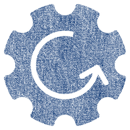 Gear Rotation vector textured icon for overlay watermark stamps. Blue jeans fabric vectorized texture. Symbol with unclean design. Blue ink rubber seal stamp with fiber textile structure.のイラスト素材