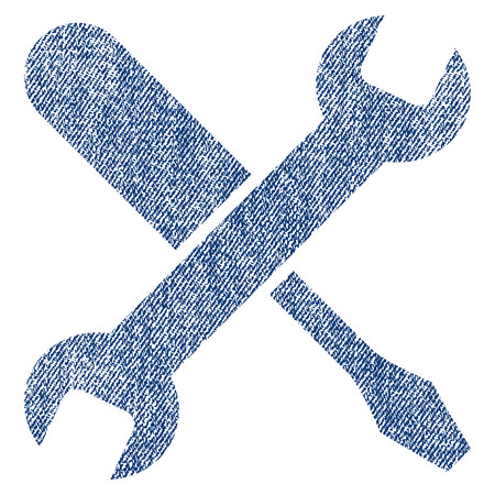 Tuning vector textured icon for overlay watermark stamps. Blue jeans fabric vectorized texture. Symbol with dirty design. Blue ink rubber seal stamp with fiber textile structure.のイラスト素材