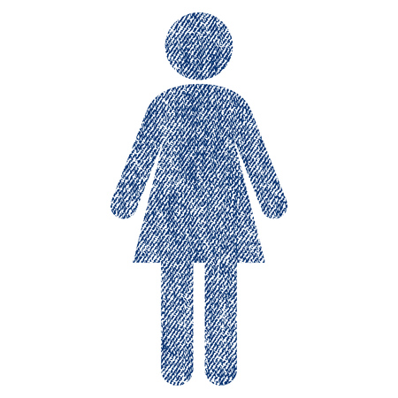 Woman vector textured icon for overlay watermark stamps. Blue jeans fabric vectorized texture. Symbol with dirty design. Blue ink rubber seal stamp with fiber textile structure.のイラスト素材