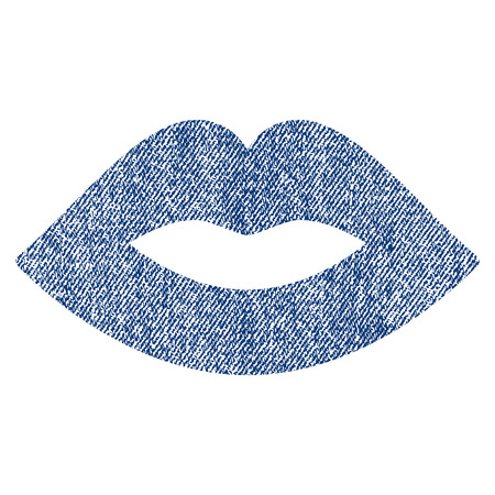 Lips vector textured icon for overlay watermark stamps. Blue jeans fabric vectorized texture. Symbol with unclean design. Blue ink rubber seal stamp with fiber textile structure.のイラスト素材