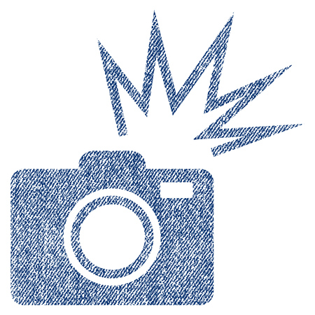 Camera Flash vector textured icon for overlay watermark stamps. Blue jeans fabric vectorized texture. Symbol with dust design. Blue ink rubber seal stamp with fiber textile structure.のイラスト素材