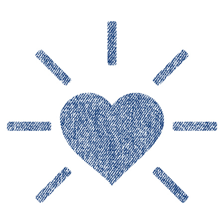 Shiny Love Heart vector textured icon for overlay watermark stamps. Blue jeans fabric vectorized texture. Symbol with dirty design. Blue ink rubber seal stamp with fiber textile structure.のイラスト素材