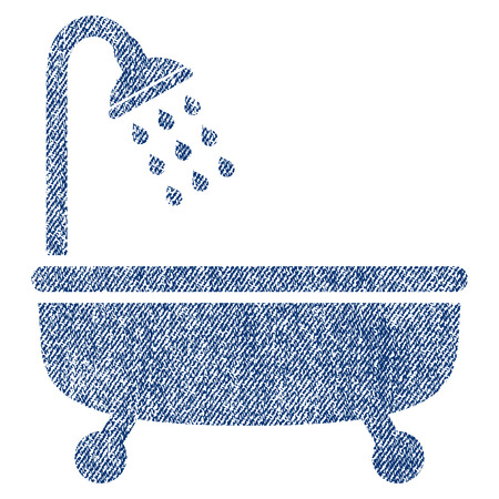 Shower Bath raster textured icon for overlay watermark stamps. Blue jeans fabric rasterized texture. Symbol with dust design. Blue ink rubber seal stamp with fiber textile structure.の写真素材