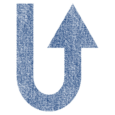 Turn Forward raster textured icon for overlay watermark stamps. Blue jeans fabric rasterized texture. Symbol with dust design. Blue ink rubber seal stamp with fiber textile structure.の写真素材