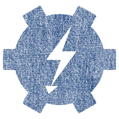 Electric Power Gear raster textured icon for overlay watermark stamps. Blue jeans fabric rasterized texture. Symbol with unclean design. Blue ink rubber seal stamp with fiber textile structure.の写真素材