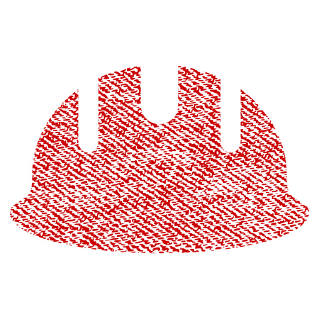 Builder Hardhat raster textured icon for overlay watermark stamps. Red fabric rasterized texture. Symbol with scratched design. Red ink rubber seal stamp with fiber textile structure.の写真素材