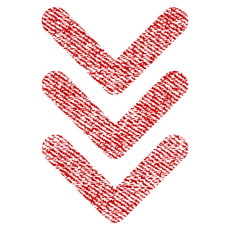 Triple Arrowhead Down vector textured icon for overlay watermark stamps. Red fabric vectorized texture. Symbol with dust design. Red ink rubber seal stamp with fiber textile structure.のイラスト素材