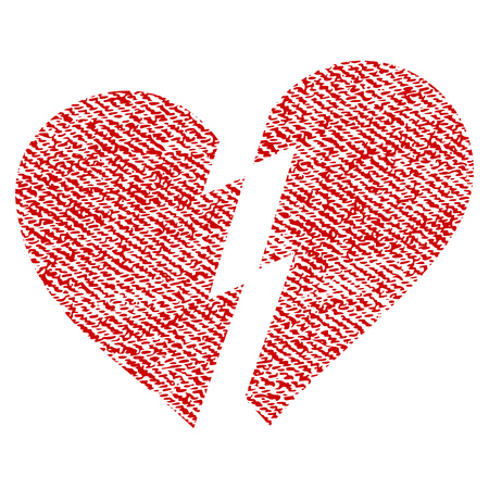 Broken Heart vector textured icon for overlay watermark stamps. Red fabric vectorized texture. Symbol with dirty design. Red ink rubber seal stamp with fiber textile structure.のイラスト素材