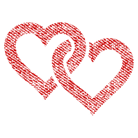 Linked Hearts vector textured icon for overlay watermark stamps. Red fabric vectorized texture. Symbol with unclean design. Red ink rubber seal stamp with fiber textile structure.のイラスト素材