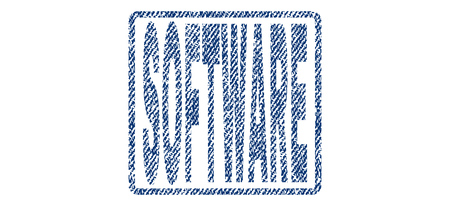 Software text textile seal stamp watermark. Blue jeans fabric vectorized texture. Vector caption inside rounded rectangular shape. Rubber sticker with fiber textile structure.のイラスト素材