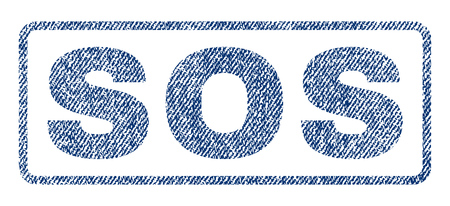 Sos text textile seal stamp watermark. Blue jeans fabric vectorized texture. Vector tag inside rounded rectangular shape. Rubber sign with fiber textile structure.のイラスト素材