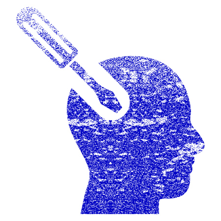 Brain Tool grunge textured icon. Flat style with scratched texture. Corroded vector blue rubber seal stamp style. Designed for overlay watermark stamp elements with grainy design.のイラスト素材