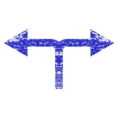 Bifurcation Arrows Left Right grunge textured icon. Flat style with unclean texture. Corroded vector blue rubber seal stamp style. Designed for overlay watermark stamp elements with grainy design.のイラスト素材