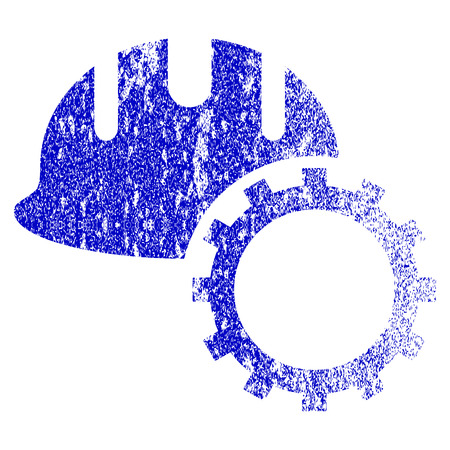 Development Hardhat grunge textured icon. Flat style with unclean texture. Corroded vector blue rubber seal stamp style. Designed for overlay watermark stamp elements with grainy design.のイラスト素材