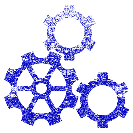 Gears grunge textured icon. Flat style with scratched texture. Corroded vector blue rubber seal stamp style. Designed for overlay watermark stamp elements with grainy design.のイラスト素材