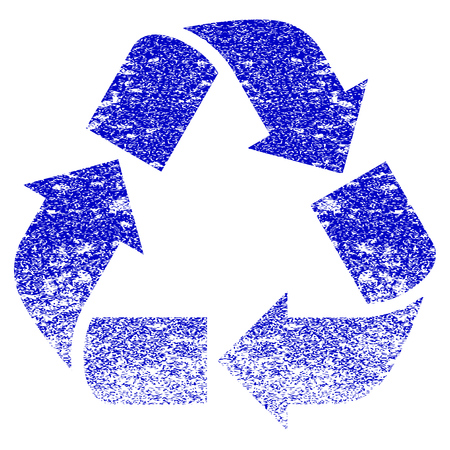 Recycle grunge textured icon. Flat style with dust texture. Corroded vector blue rubber seal stamp style. Designed for overlay watermark stamp elements with grainy design.のイラスト素材