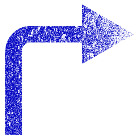 Turn Right grunge textured icon. Flat style with dirty texture. Corroded vector blue rubber seal stamp style. Designed for overlay watermark stamp elements with grainy design.のイラスト素材