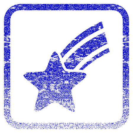 Falling Star textured icon for overlay watermark stamps. Blue vectorized texture. Flat vector symbol with scratched design inside rounded square frame. Framed blue rubber seal stamp imitation.のイラスト素材