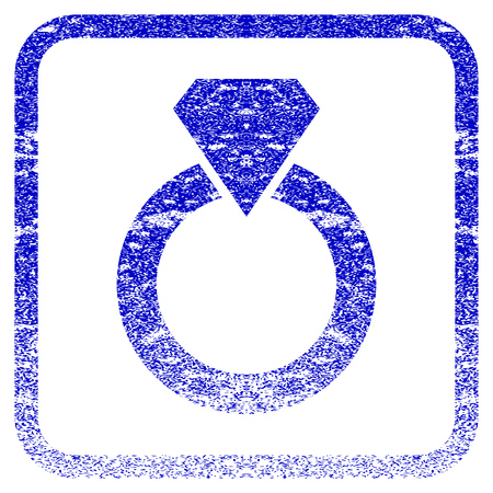 Diamond Ring textured icon for overlay watermark stamps. Blue vectorized texture. Flat vector symbol with dust design inside rounded square frame. Framed blue rubber seal stamp imitation.のイラスト素材